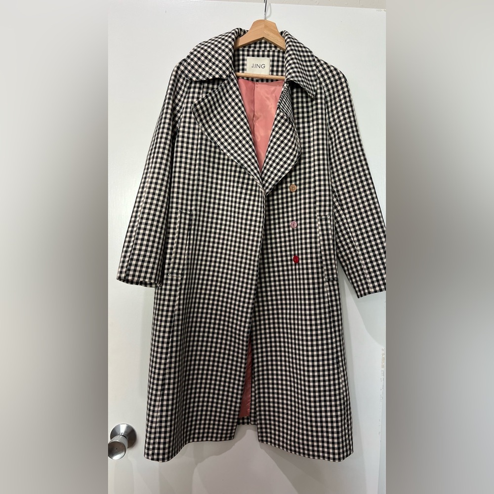 Micro Black & White Gingham Trench Coat (3/4 Sleeve)